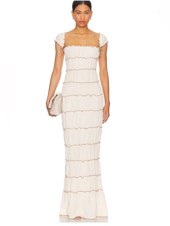 MAJORELLE Dresses & Skirts - MAJORELLE Ivory Textured Brown Trim Tiered Ruffle Mermaid Maxi Dress XS